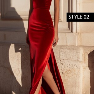 May include: A red velvet maxi dress with a thigh-high slit and spaghetti straps. The dress has a square neckline and a fitted silhouette. The model is wearing red high heels.