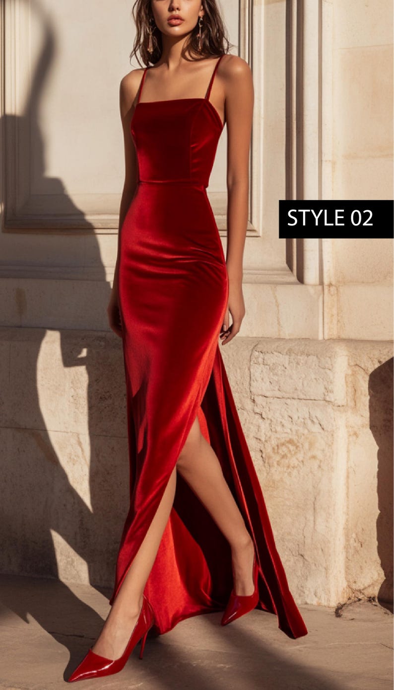 May include: A red velvet maxi dress with a thigh-high slit and spaghetti straps. The dress has a square neckline and a fitted silhouette. The model is wearing red high heels.