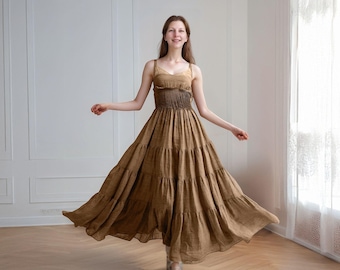 Vestido longo de linho elástico – Vestido marrom com babados em camadas, Vestido fluido de verão sem mangas, Vestido longo estilo boho cottagecore | SKU.25T14T6B