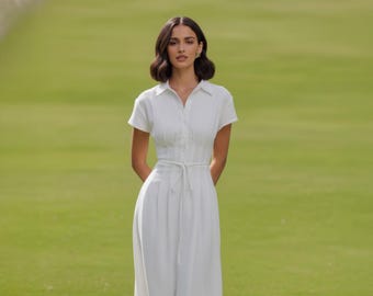 Vestido midi blanco personalizado de manga corta, cuello, botones al frente y cinturón / SKU.25T42T3Z