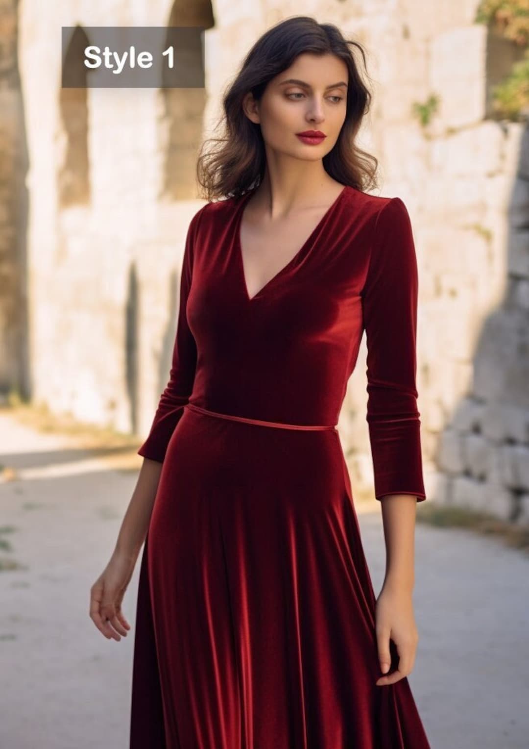Velvet Midi Dress With Long Sleeves, V-neck, and Closed Back - Below Knee Length - Elegant Women ...