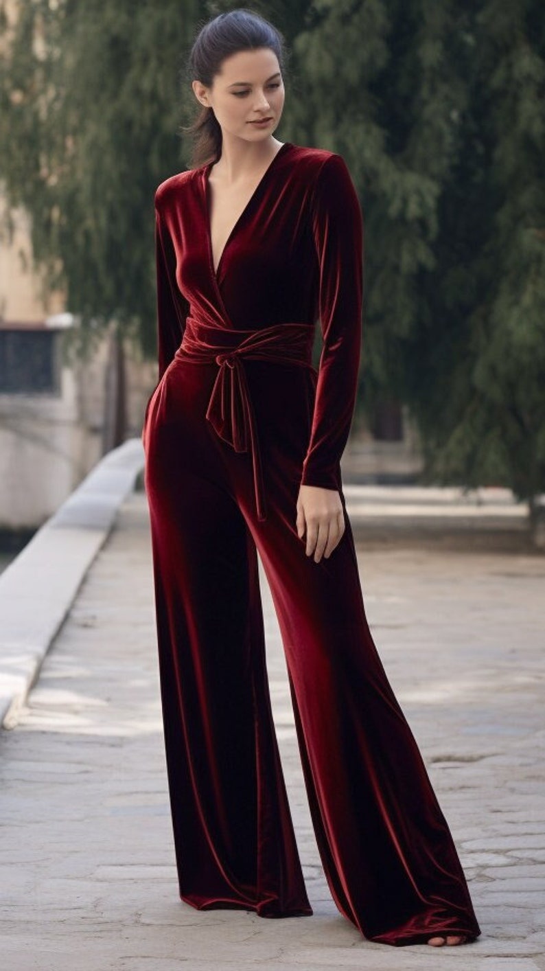 Chic Red Velvet Wide Leg Jumpsuit | Long Sleeves, Wrap Neck, Self-Tie Belt | Fall & Spring Outfit | Customizable | Personalizable, long sleeve jumpsuit velvet wide leg pants robes for women custom clothing Red Velvet Jumpsuit Wide Leg Spring Fashion