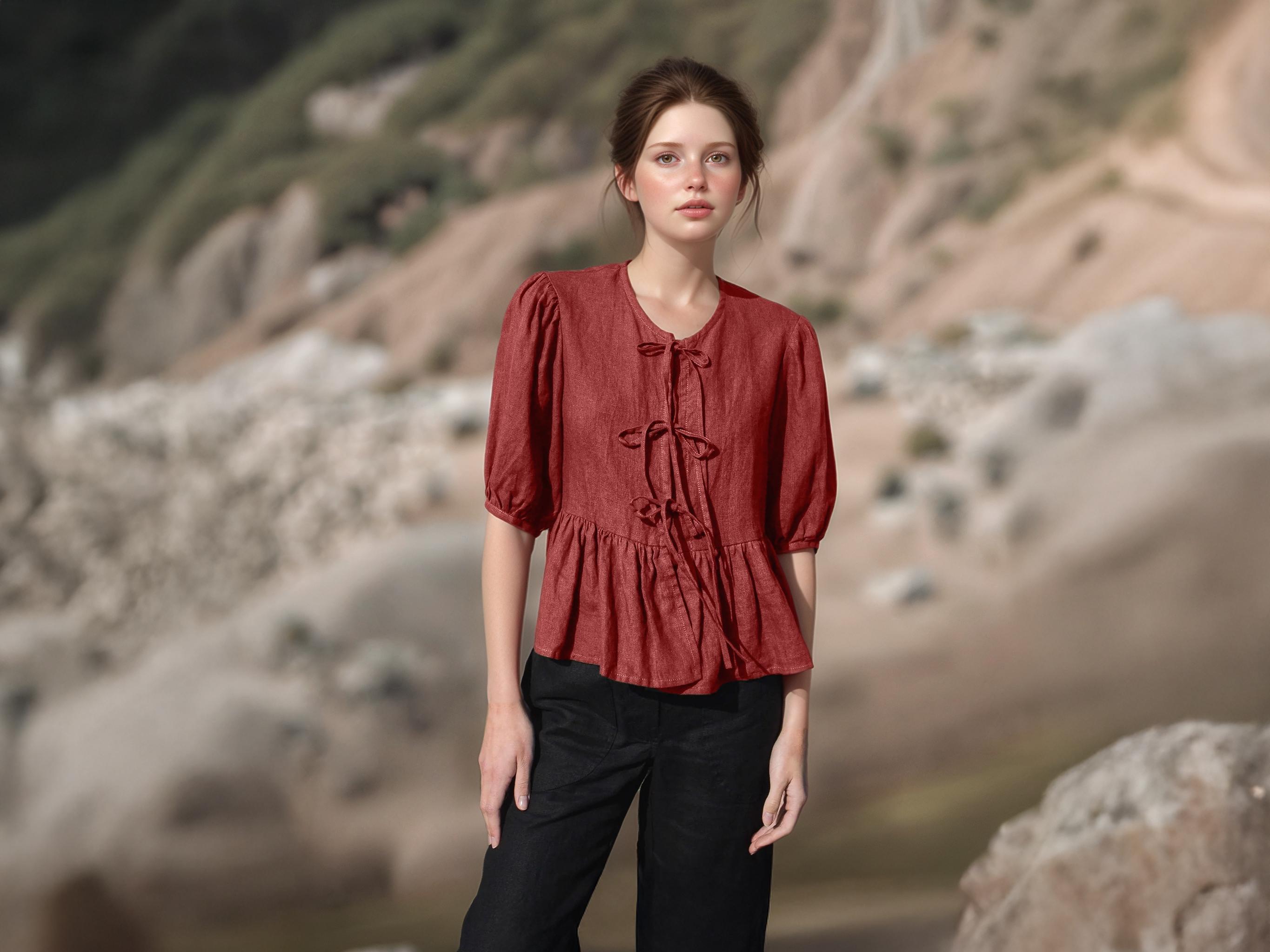 Romantic Linen Peplum Blouse With Bows, Puff Sleeve Vintage Top
