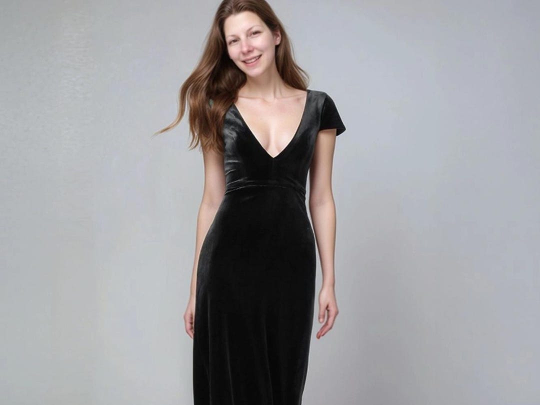 black v neck velvet dress Deep V-Neck Halter Velvet Black Evening Dress RJ10421