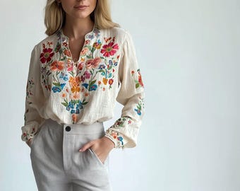 European Style Linen Blouse, Ethnic Boho Floral Top, Beige Floral Embroidered Blouse | 241026A