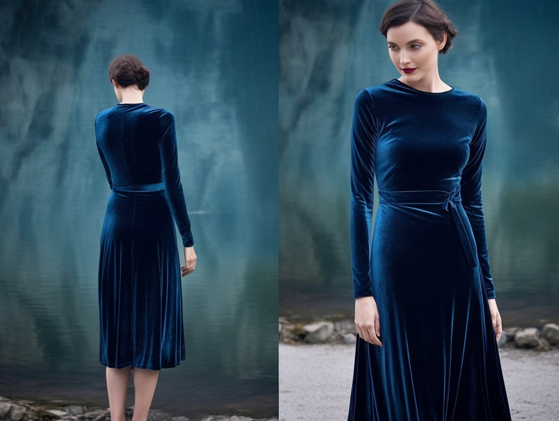 Versatile Velvet Midi Dress, Long Sleeves, Crew Neck, Closed Back, Self-Tie Belt, Below Knee Length, Fall Holiday Fashion, Party Dress, Maxi Velvet Gown, Wedding Guest Outfit, Loose Fit, Velvet Long Gown, Maternity Dress, Long Sleeve, Blue