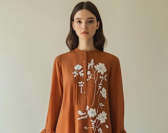 Embroidered Linen Dress with Sleeves – Custom Fit, Artistic Floral Design, Handcrafted Style | SKU.250709D