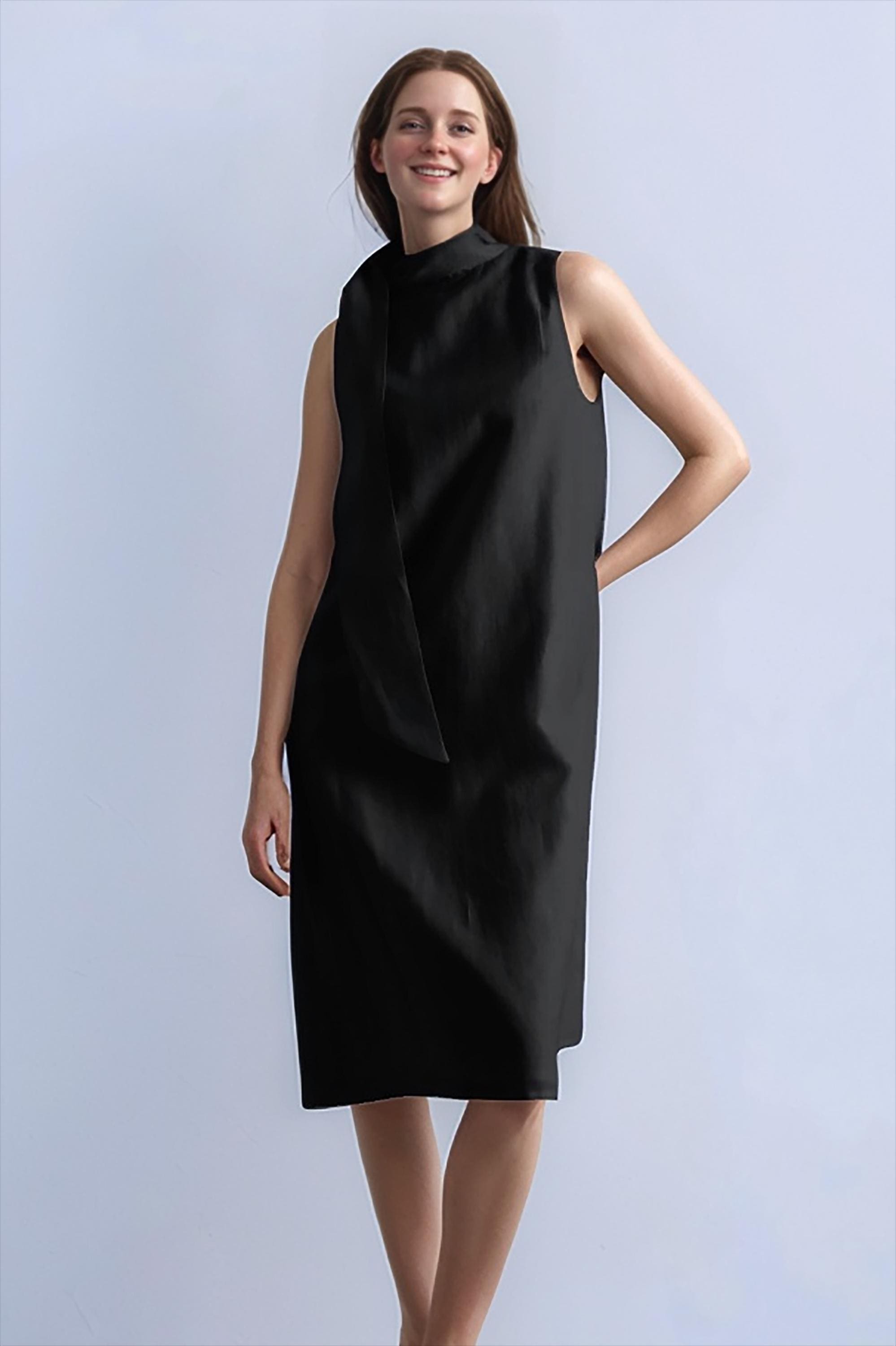 sleeveless shift dress black Elegant Black Sleeveless Shift Dress - Minimalist Asymmetric Neckline