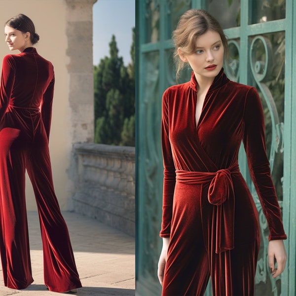 Snygg jumpsuit med vida ben i sammet | Långa ärmar, omlottringning, stängd rygg | Elegant sammetsklänning med mandarinkrage | Inkluderar knytbart skärp