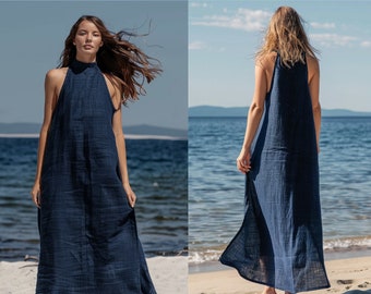 Tailored Navy Blue Linen Maxi Dress for Women | Breathe in Elegance This Summer | Sleeveless Simplicity, Ideal for Personal Touches