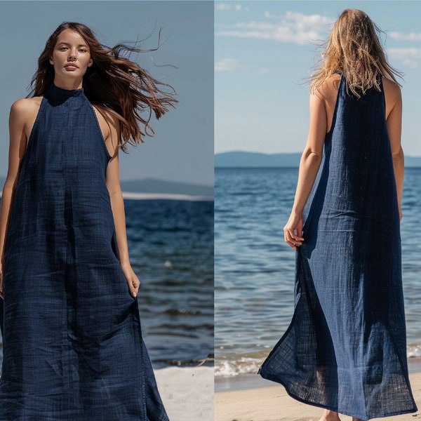 Tailored Navy Blue Linen Maxi Dress for Women | Breathe in Elegance This Summer | Sleeveless Simplicity, Ideal for Personal Touches