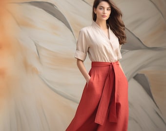 Vestido envelope feminino de linho | Mangas 3/4, fecho envelope verdadeiro | Bolsos | Saia longa até o tornozelo | Vestido tradicional de inspiração japonesa | 230919B