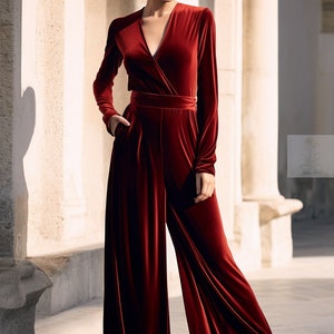 Chic Red Velvet Wide Leg Jumpsuit | Long Sleeves, Wrap Neck, Self-Tie Belt | Fall & Spring Outfit | Customizable | Personalizable, long sleeve jumpsuit velvet wide leg pants robes for women custom clothing Red Velvet Jumpsuit Wide Leg Spring Fashion