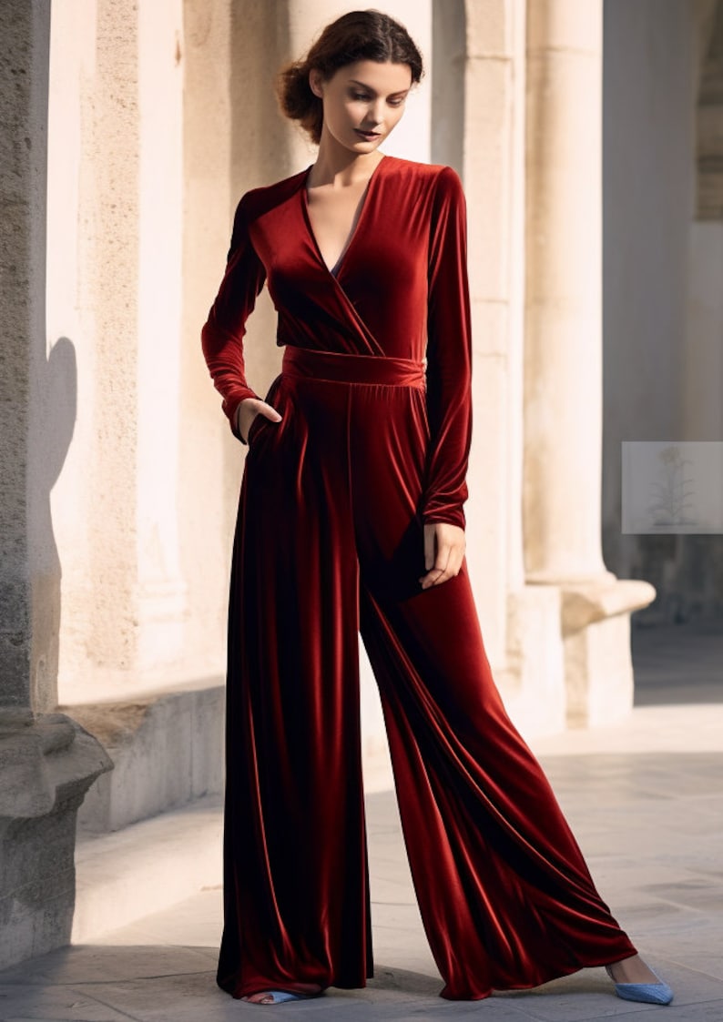 Chic Red Velvet Wide Leg Jumpsuit | Long Sleeves, Wrap Neck, Self-Tie Belt | Fall & Spring Outfit | Customizable | Personalizable, long sleeve jumpsuit velvet wide leg pants robes for women custom clothing Red Velvet Jumpsuit Wide Leg Spring Fashion