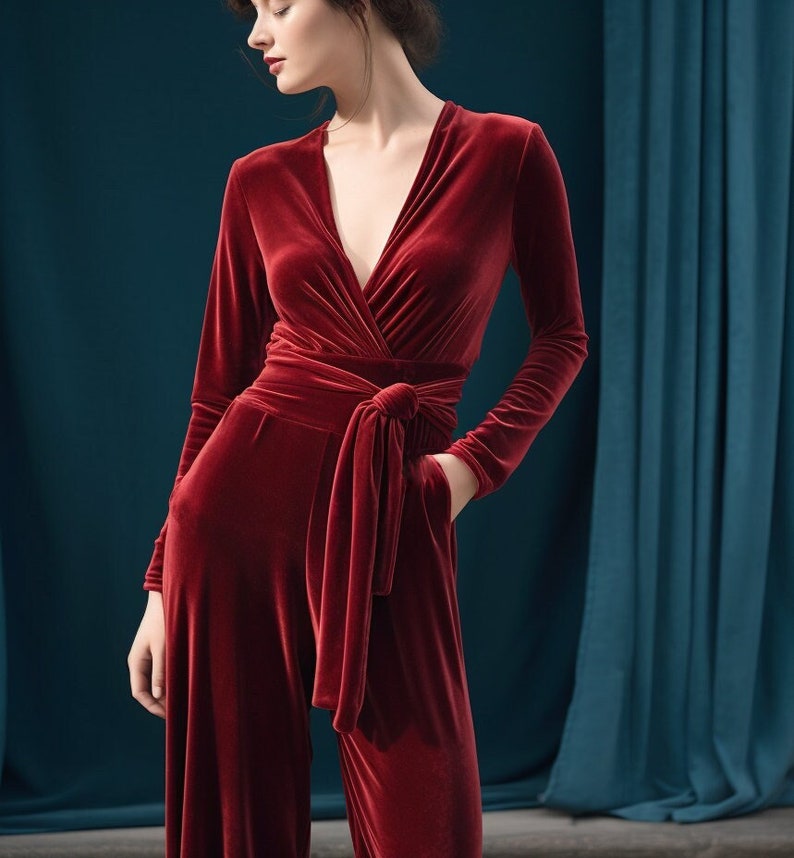 Chic Red Velvet Wide Leg Jumpsuit | Long Sleeves, Wrap Neck, Self-Tie Belt | Fall & Spring Outfit | Customizable | Personalizable, long sleeve jumpsuit velvet wide leg pants robes for women custom clothing Red Velvet Jumpsuit Wide Leg Spring Fashion