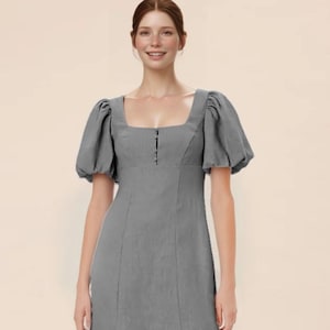 Custom Puff Sleeve Cottagecore Dress, Square Neck Midi Linen-Blend Gown, Romantic Vintage-Inspired Formal Dress | SKU.25T14T4P