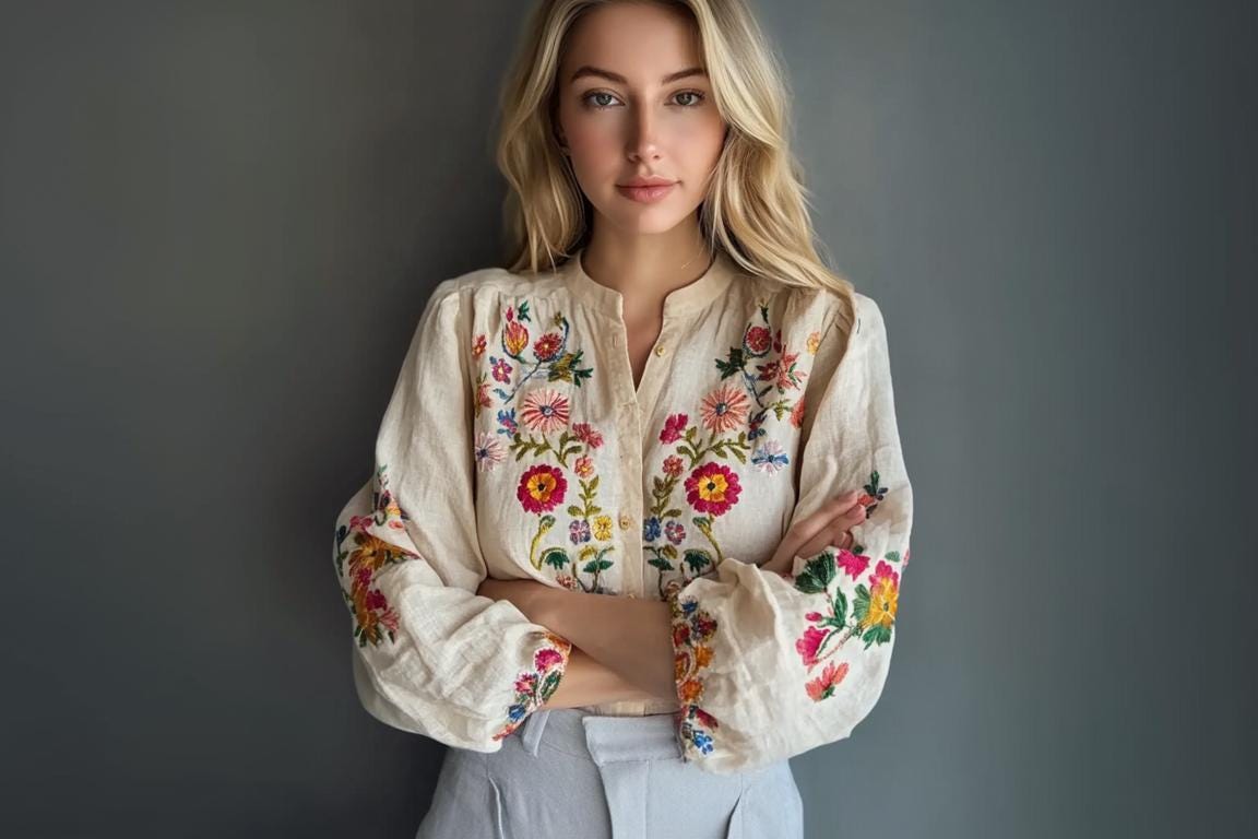 Bohemian Embroidered Linen Blouse, European Folk Floral Top, Ivory Ethnic Chic Button-Up Blouse 241026B