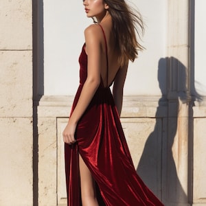 Burgundy Bridesmaid Velvet Dress | Floor-Length Dress | Low Back Dress with Side Slit | Elegant dress