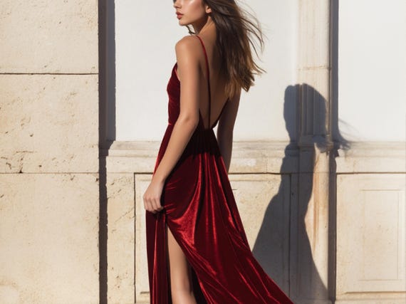 Burgundy Bridesmaid Velvet Dress | Floor-Length Dress | Low Back Dress with Side Slit | Elegant dress