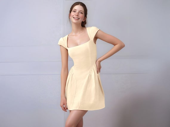 Square Neck Elastic Linen Mini Dress with Cap Sleeves, Fit and Flare Silhouette, Custom Size | SKU.25T15T4C