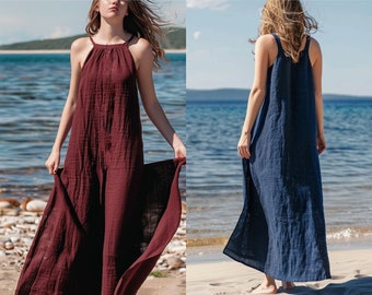 Customizable Linen Maxi Dress for Women | Breathable and Elegant Summer Dress | Sleeveless Minimalist Style, Perfect for Personalization