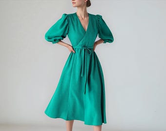 Deep V Neck Wrap Dress - 3/4 Balloon Sleeves Dress - Linen Dress With Belt  and Pocket - Midi Length Lavender Linen Dress - ANNA Wrap Dress - Etsy