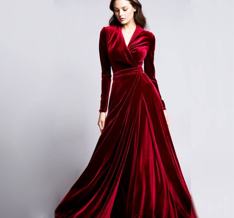 Crimson Velvet Retro Glam Maxi Dress | Bridesmaid Dress | Refined Technique, and Wrap Neck | Vintage Elegance for a Timeless Look