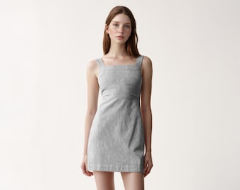 Custom Linen Mini Dress – Elastic Linen Short Dress with Square Neckline, Summer Casual Fit, Made to Order | SKU.25T15T5N