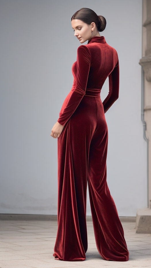 Chic Women's Wide Leg Velvet Jumpsuit | Long Sleeves & Belt
