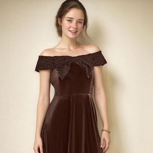 Brown Velvet Off Shoulder Skater Dress - Sparkly Bow Neckline Party Dress | SKU.25T17T6D