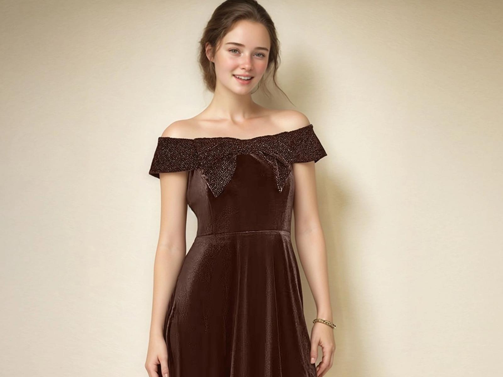 brown velvet skater dress Brown Velvet off Shoulder Skater Dress – Sparkly Bow Neckline Party Dress |  SKU.25T17T6D