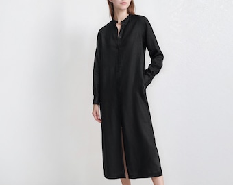 Linen Shirt Dress for Women, Long Sleeve Button Down Dress, Mandarin Collar Casual Dress, Loose Fit Linen Dress | SKU.25T15T3E