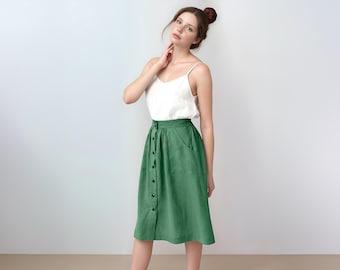 High-Waisted Button-Front Linen Skirt – Vintage A-Line Midi Skirt with Pockets| SKU.25T12T2A