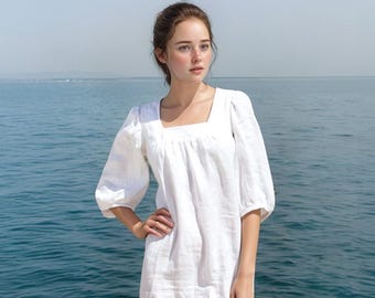 Custom Linen Puff Sleeve Square Neck Dress – Minimalist Summer Dress with Romantic Vintage Charm | SKU.25T14T3E