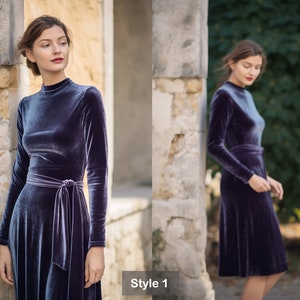 Stylish Velvet Midi Dress | Long Sleeves, Turtleneck | Self-Tie Belt | Spring & Fall Fashion | Custom Handmade | Plus Size Gowns