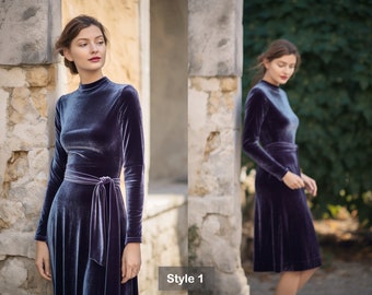 Stylish Velvet Midi Dress | Long Sleeves, Turtleneck | Self-Tie Belt | Spring & Fall Fashion | Custom Handmade | Plus Size Gowns