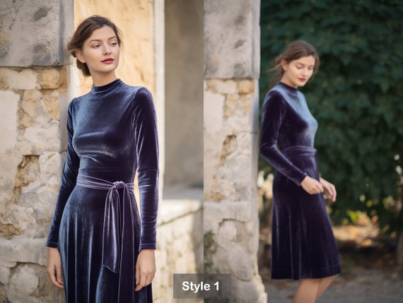 Stylish Velvet Midi Dress | Long Sleeves, Turtleneck | Self-tie Belt |  Spring & Fall Fashion | Custom Handmade | Plus Size Gowns - Etsy