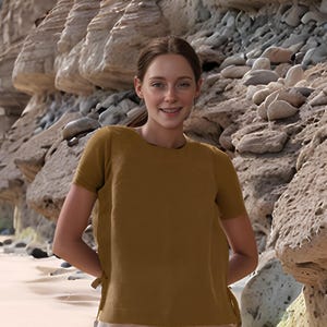 Mustard Linen Blouse – Women’s Short Sleeve Minimalist Top, Casual Loose Fit Summer Shirt | SKU.25T10T2H