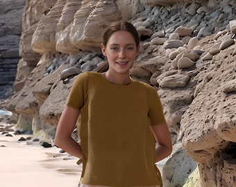 Mustard Linen Blouse – Women’s Short Sleeve Minimalist Top, Casual Loose Fit Summer Shirt | SKU.25T10T2H