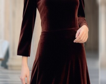 Elegant Velvet Maxi Dress, Square Neck, Full Fitted Sleeves