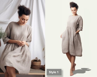 Linen Circle Dress with Pockets - Knee-Length Skater Dress - Linen Dress 3/4 Sleeves and Crew Neckline | Customizable | 230807A