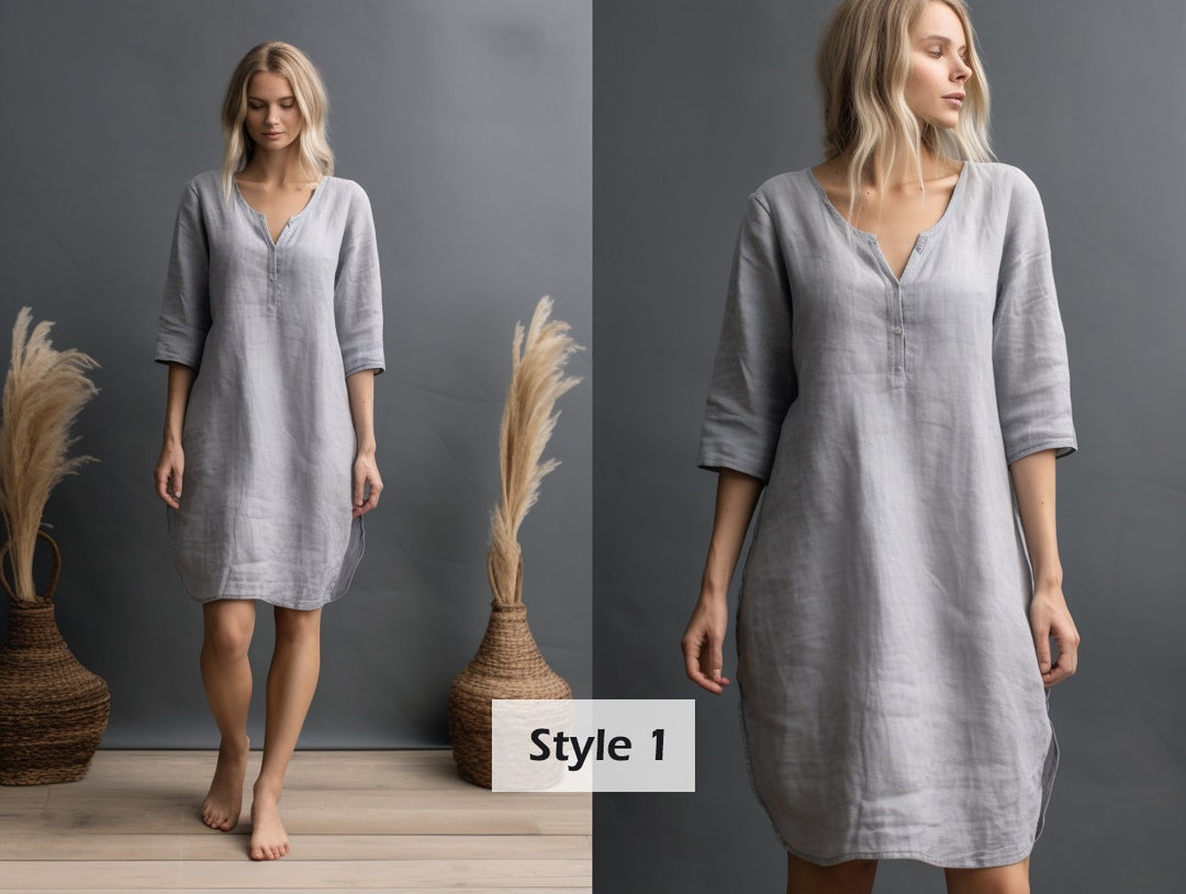 Versatile Linen Dress With Pockets Split Neck and 3/4 Sleeves Stylish Linen Shift Dress - Etsy Versatile Linen Dress With Pockets Split Neck and 3/4 Sleeves Stylish Linen Shift Dress - Etsy