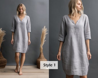 Versatile Linen Dress with Pockets | Split Neck and 3/4 Sleeves | Stylish Linen Shift Dress