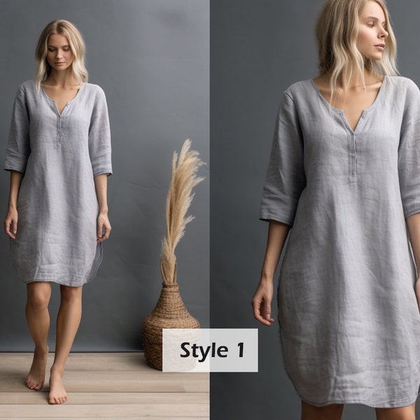 Versatile Linen Dress with Pockets | Split Neck and 3/4 Sleeves | Stylish Linen Shift Dress