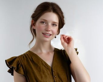 Vintage-Inspired Linen Midi Dress – Elegant Ruffled Cap Sleeve Dress with Button-Front | SKU.25T11T5H