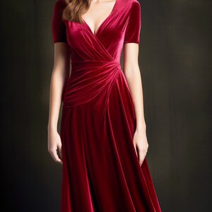 Crimson Velvet Retro Glam Maxi Dress | Bridesmaid Dress | Refined Technique, and Wrap Neck | Vintage Elegance for a Timeless Look