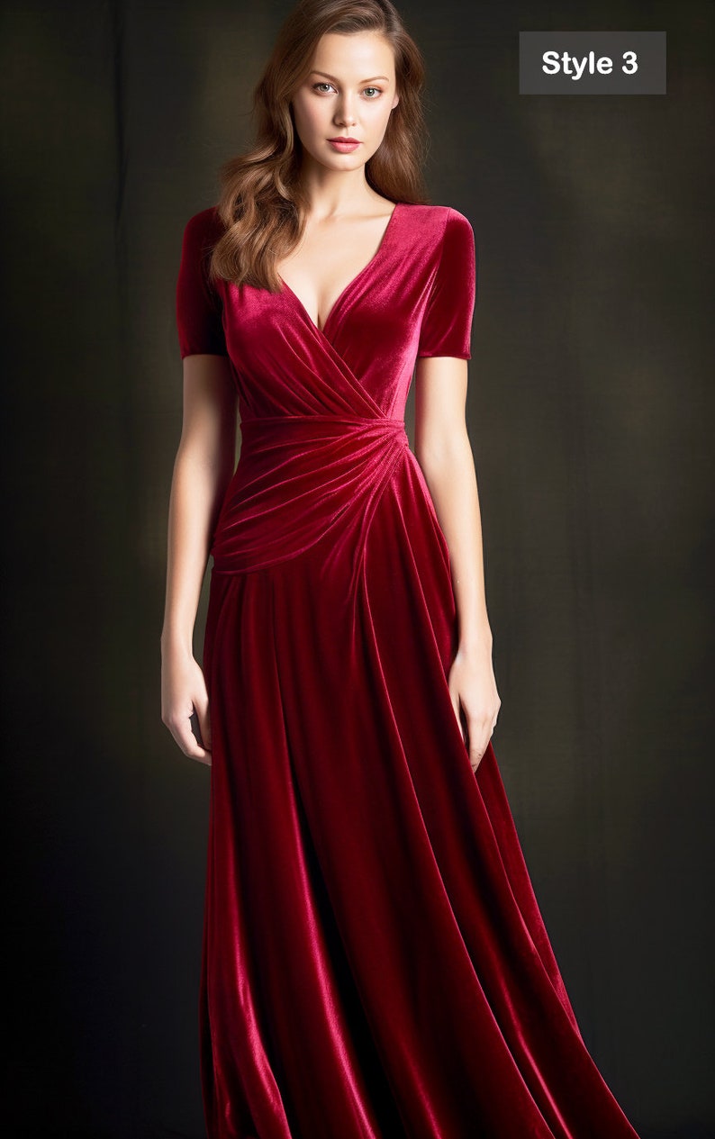 Crimson Velvet Retro Glam Maxi Dress | Bridesmaid Dress | Refined Technique, and Wrap Neck | Vintage Elegance for a Timeless Look