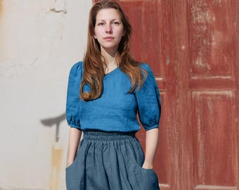 Leinen Puffärmel Top, Stehkragen Bluse, Elegante A-Linien-Passform, Knopfleiste am Rücken, Sommer Minimalist Shirt | SKU.25T22T3E