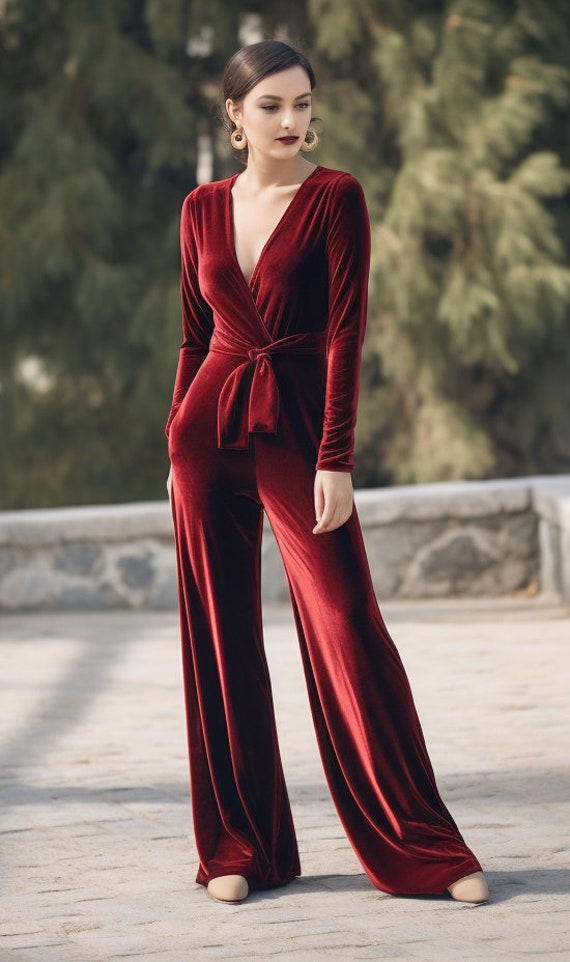 Red Long Sleeves Wide Leg Jumpsuits Red Long Sleeves Wide Leg Jumpsuits