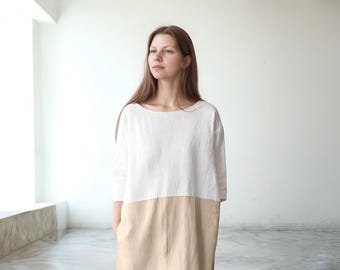 Two-Tone Linen Dress - Casual Loose Fit Midi Dress with Pockets, Minimalist Color Block Tunic | SKU.25T09T7C